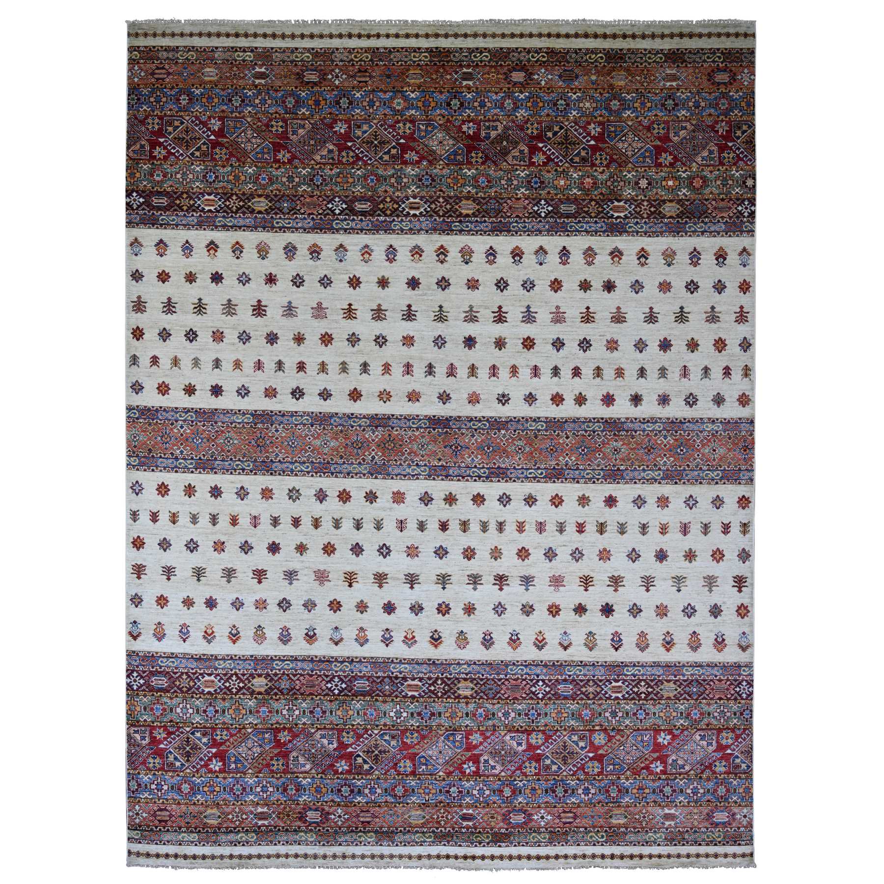 Alabaster White, Afghan Super Kazak with Khorjin Design, Hand Knotted, Soft and Velvety Wool, Vegetable Dyes, Oriental Rug